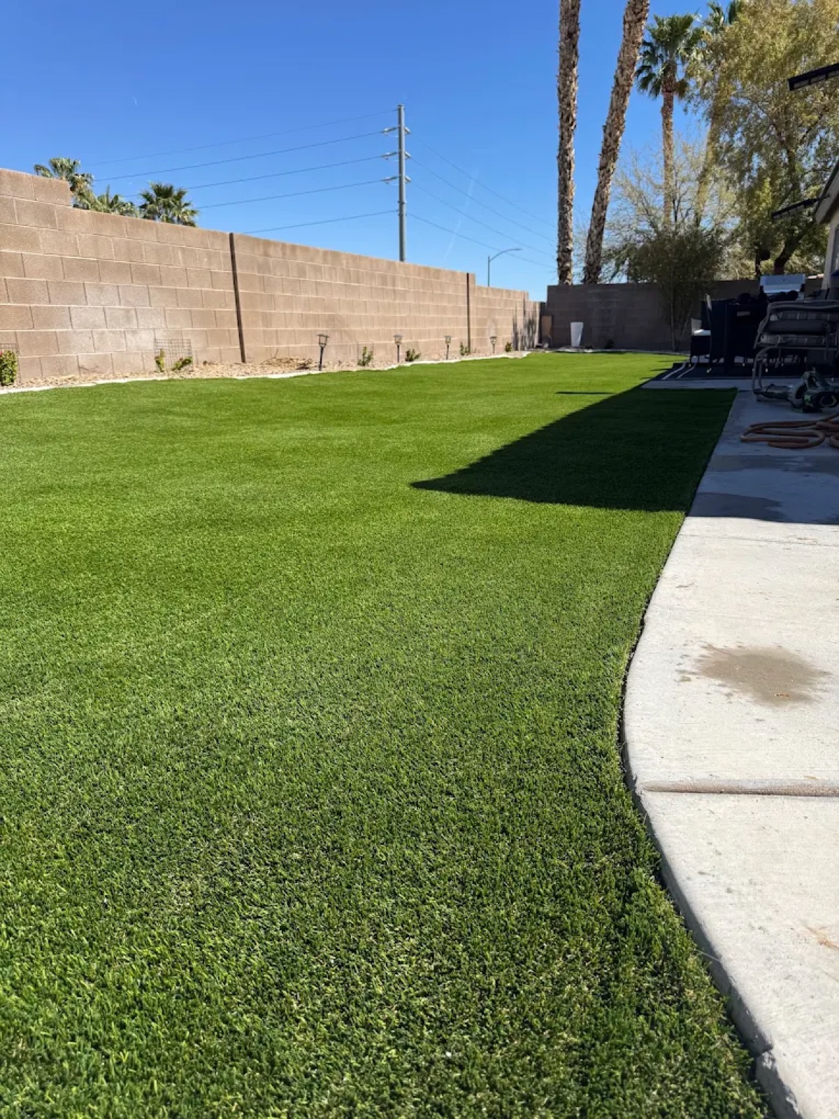 Turf cleaning in Boulder City with palm trees and block wall