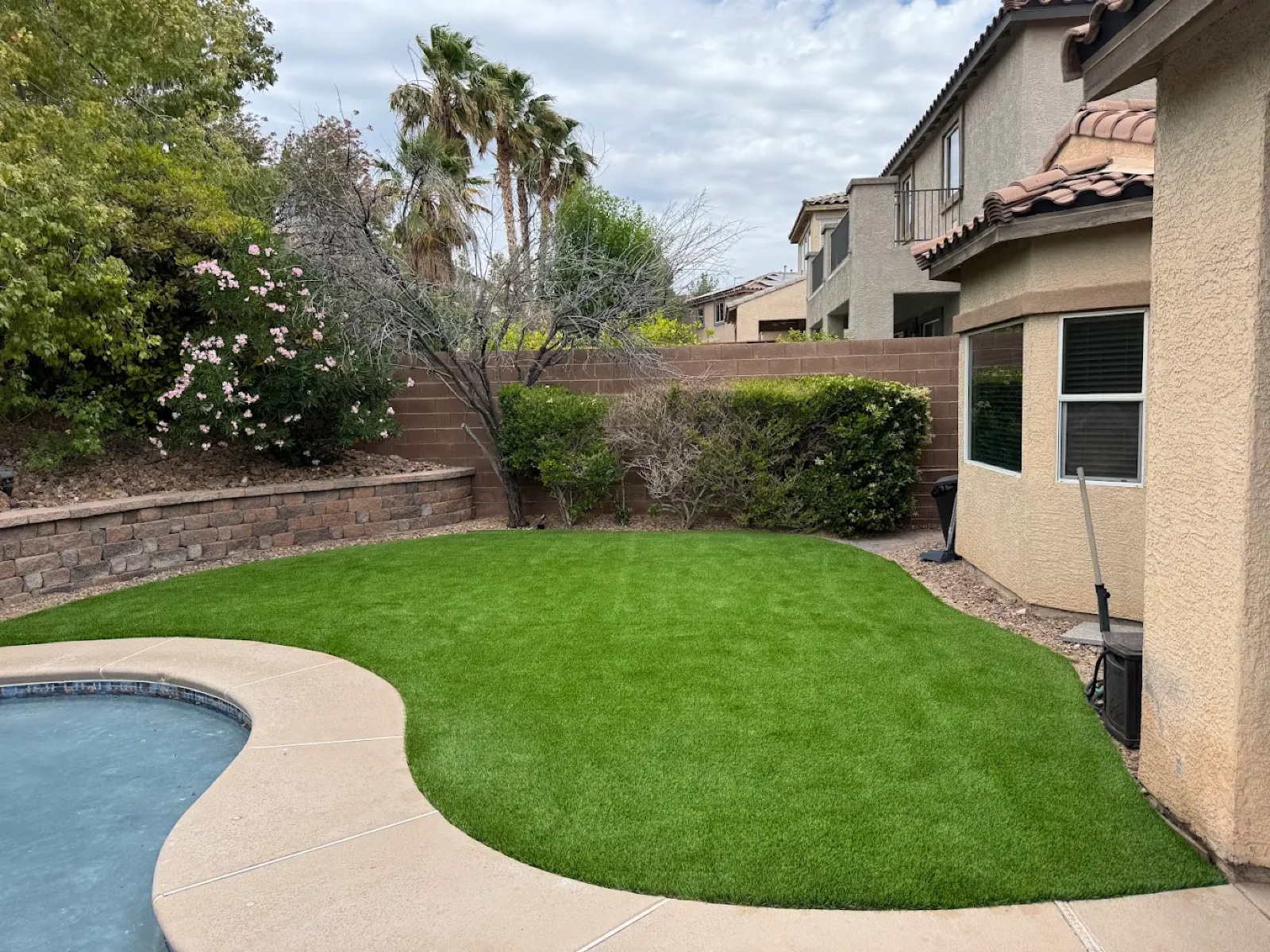 Clean artificial turf in a Green Valley backyard near pool